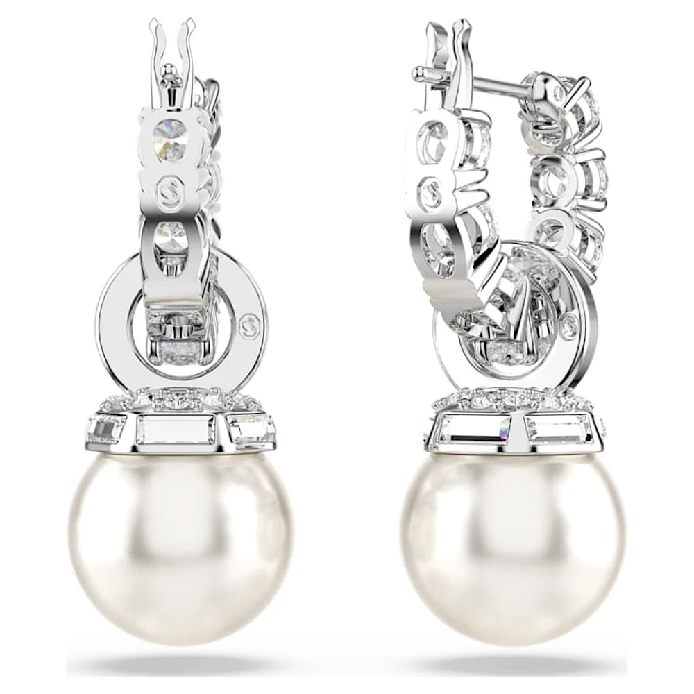 Matrix drop earrings, Crystal pearl, Round cut, White, Rhodium plated by SWAROVSKI