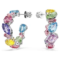 Gema hoop earrings, Asymmetrical design, Mixed cuts, Small, Multicoloured, Rhodium plated by SWAROVSKI