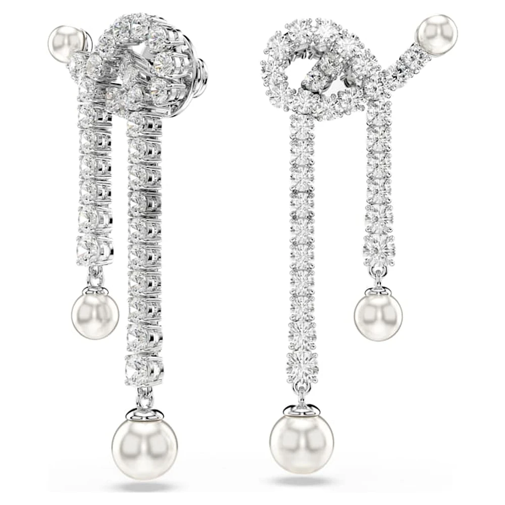 Matrix drop earrings, Crystal pearl, Round cut, White, Rhodium plated by SWAROVSKI