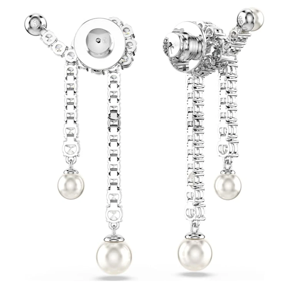 Matrix drop earrings, Crystal pearl, Round cut, White, Rhodium plated by SWAROVSKI