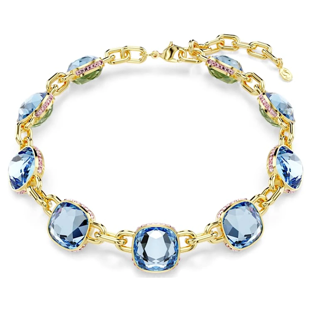 Chroma Tennis necklace, Cushion cut, Blue, Gold-tone plated by SWAROVSKI