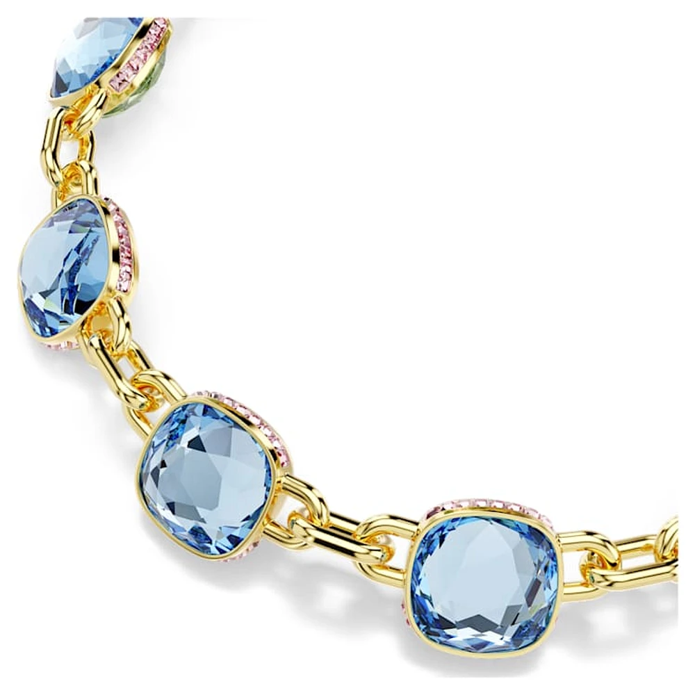 Chroma Tennis necklace, Cushion cut, Blue, Gold-tone plated by SWAROVSKI