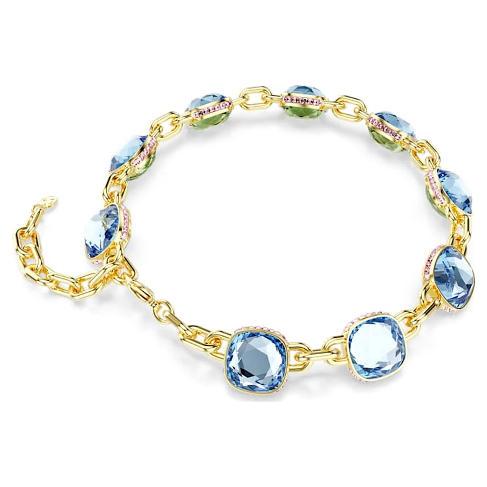 Chroma Tennis necklace, Cushion cut, Blue, Gold-tone plated by SWAROVSKI