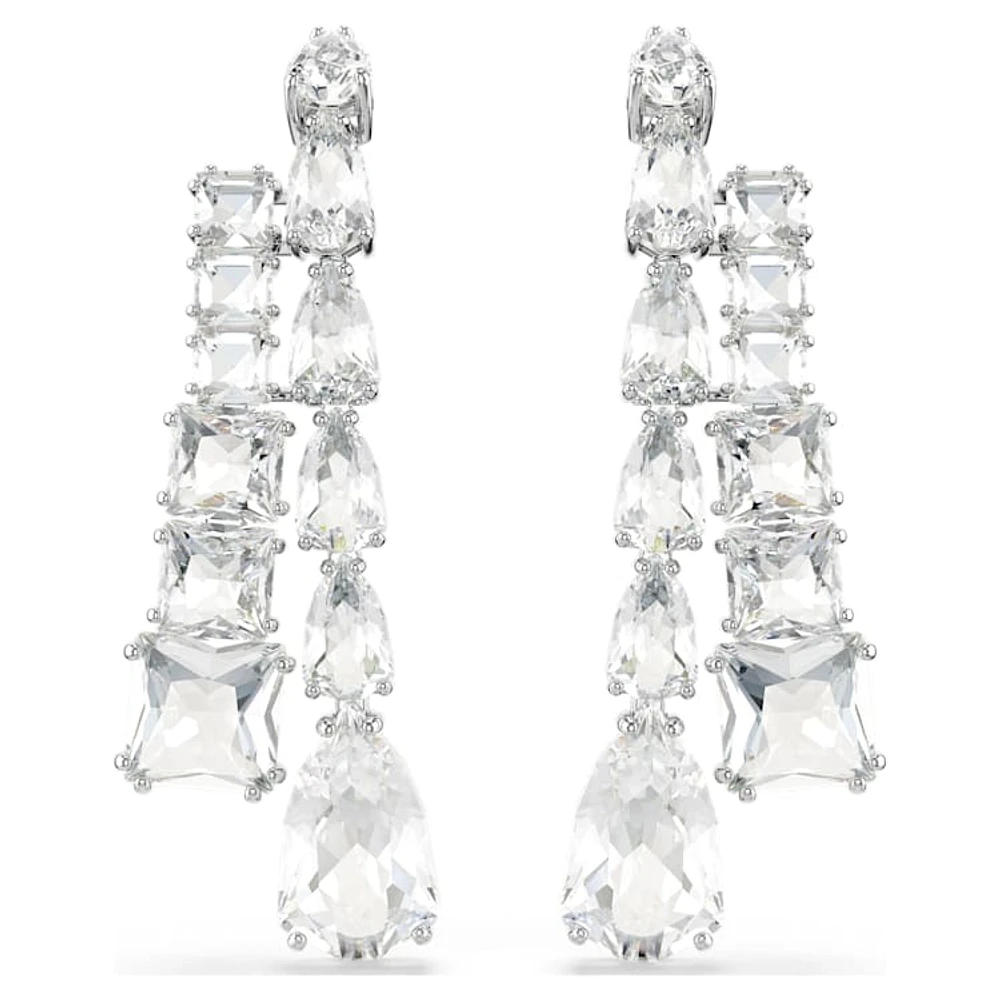 Matrix drop earrings, Mixed cuts, White, Rhodium plated by SWAROVSKI