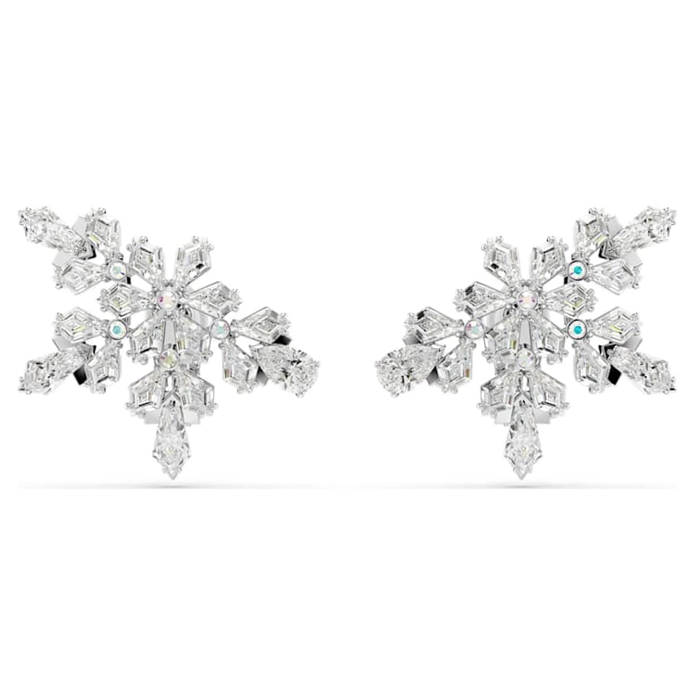 Idyllia clip earrings, Mixed cuts, Half snowflake, White, Rhodium plated by SWAROVSKI