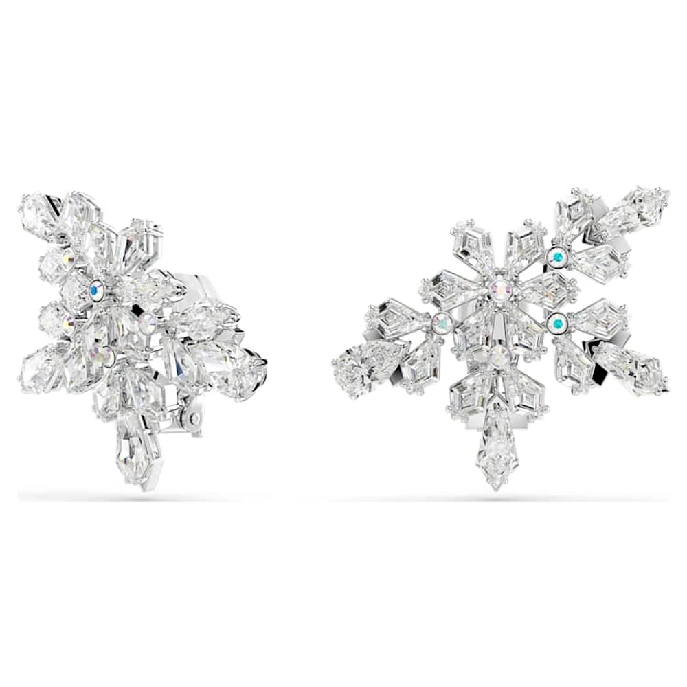 Idyllia clip earrings, Mixed cuts, Half snowflake, White, Rhodium plated by SWAROVSKI