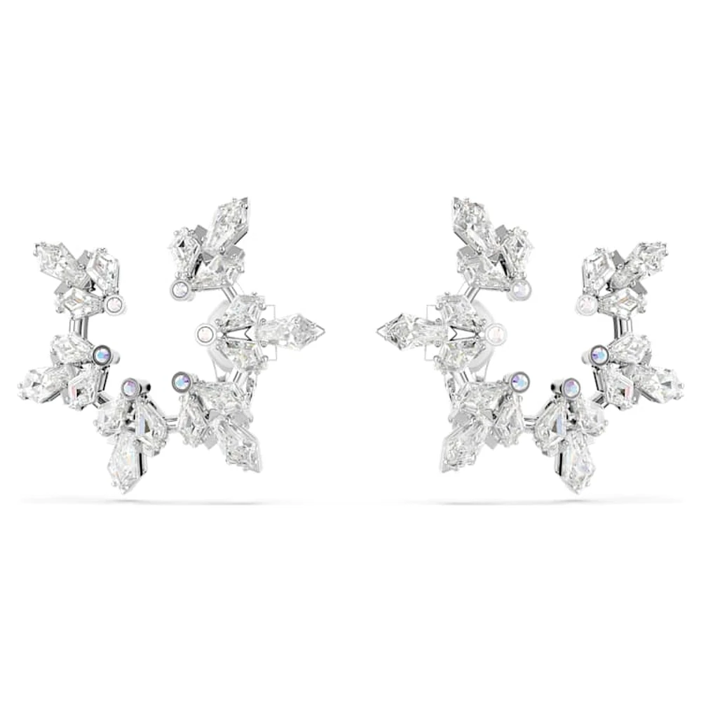 Idyllia clip earrings, Mixed cuts, Snowflake, White, Rhodium plated by SWAROVSKI