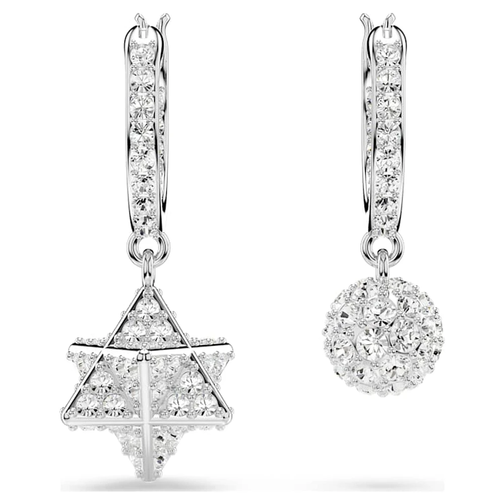 Dextera drop earrings, Asymmetrical design, Round cut, Star and sphere, White, Rhodium plated by SWAROVSKI