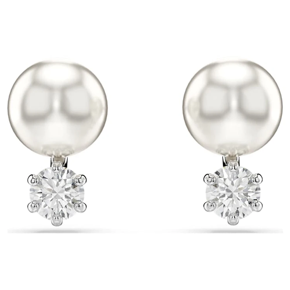 Matrix stud earrings, Crystal pearl, Round cut, White, Rhodium plated by SWAROVSKI