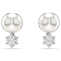 Matrix stud earrings, Crystal pearl, Round cut, White, Rhodium plated by SWAROVSKI