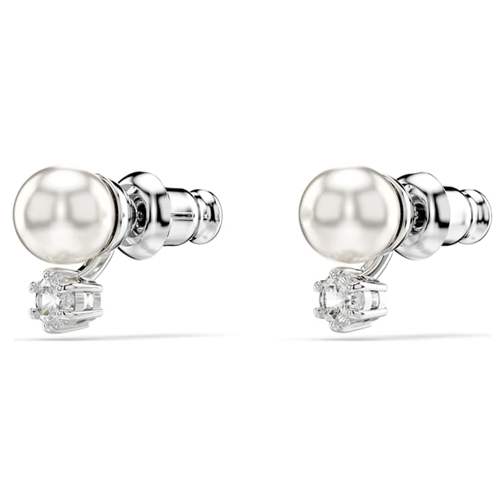 Matrix stud earrings, Crystal pearl, Round cut, White, Rhodium plated by SWAROVSKI