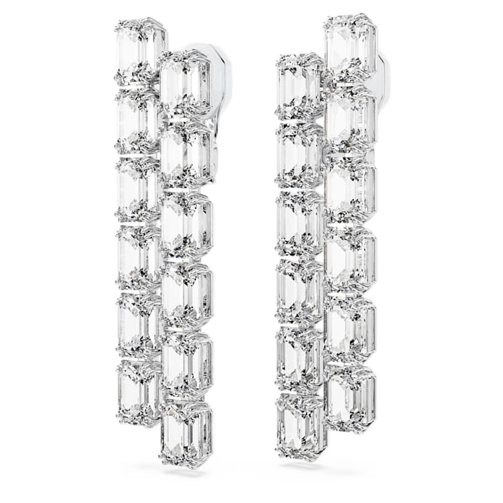 Millenia clip earrings, Octagon cut, Long, White, Rhodium plated by SWAROVSKI