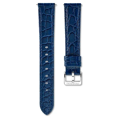 Watch strap, 16 mm (0.63") width, Leather with stitching, Blue, Stainless steel by SWAROVSKI