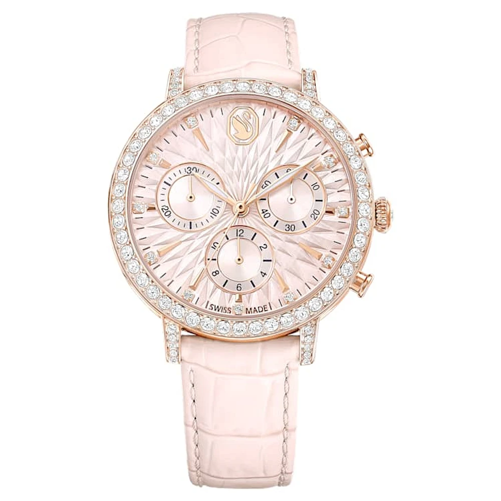 Matrix Tennis Chrono watch, Swiss Made, Leather strap, Pink, Rose gold-tone finish by SWAROVSKI