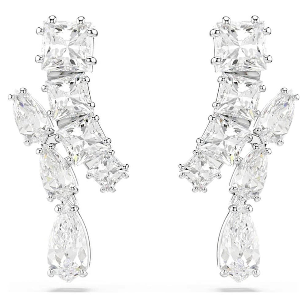 Matrix drop earrings, Mixed cuts, White, Rhodium plated by SWAROVSKI