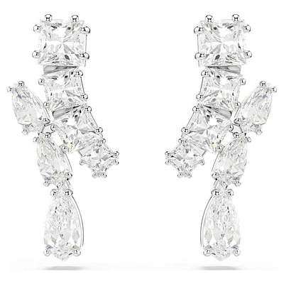 Matrix drop earrings, Mixed cuts, White, Rhodium plated by SWAROVSKI