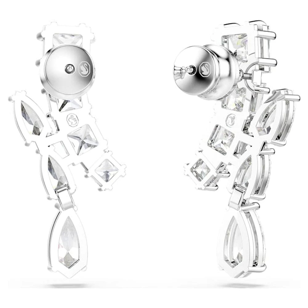 Matrix drop earrings, Mixed cuts, White, Rhodium plated by SWAROVSKI