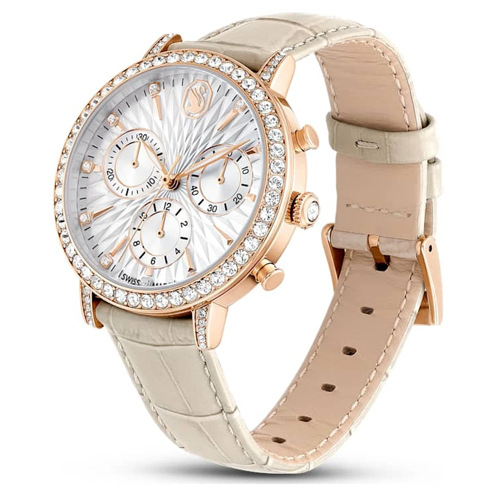 Matrix Tennis Chrono watch, Swiss Made, Leather strap, Beige, Rose gold-tone finish by SWAROVSKI