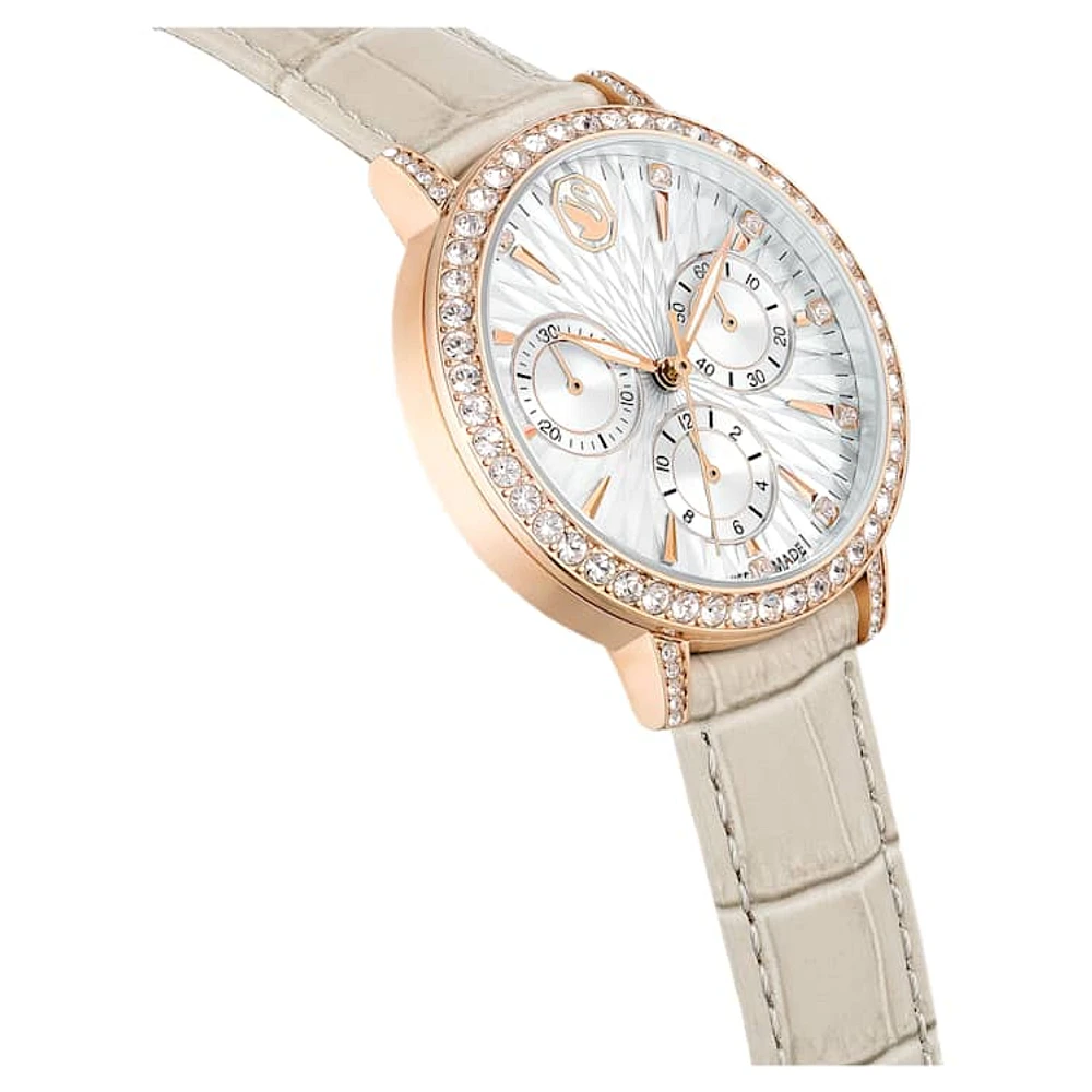 Matrix Tennis Chrono watch, Swiss Made, Leather strap, Beige, Rose gold-tone finish by SWAROVSKI