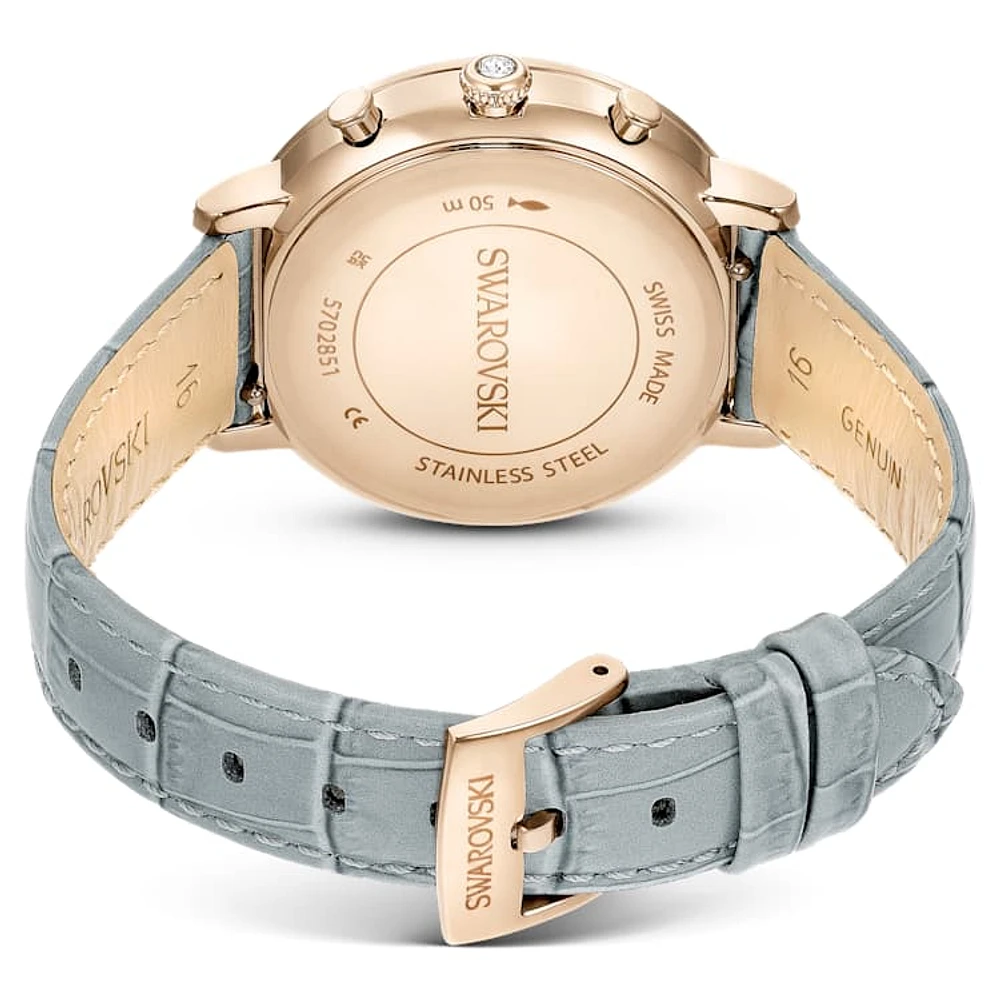 Matrix Tennis Chrono watch, Swiss Made, Leather strap, Grey, Champagne gold-tone finish by SWAROVSKI