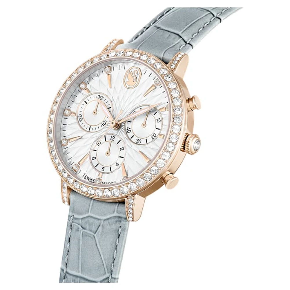 Matrix Tennis Chrono watch, Swiss Made, Leather strap, Grey, Champagne gold-tone finish by SWAROVSKI