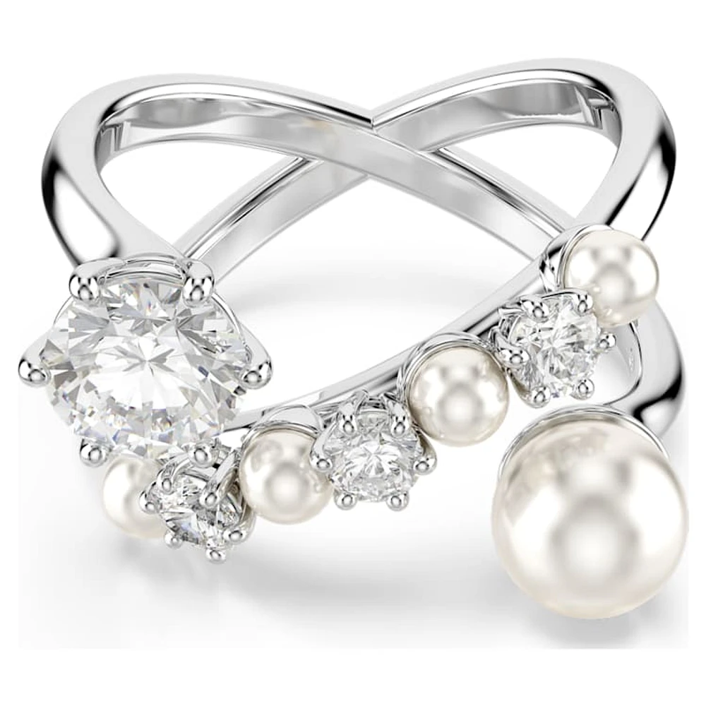 Matrix cocktail ring, Crystal pearl, Round cut, White, Rhodium plated by SWAROVSKI