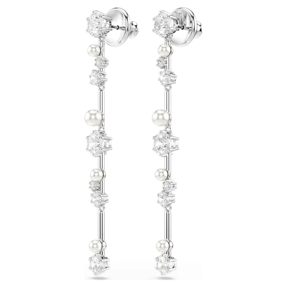 Constella drop earrings, Crystal pearl, Round cuts, White, Rhodium plated by SWAROVSKI