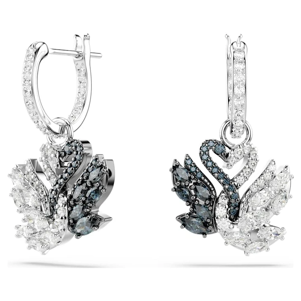 Swan drop earrings, Swan, Black, Rhodium plated by SWAROVSKI