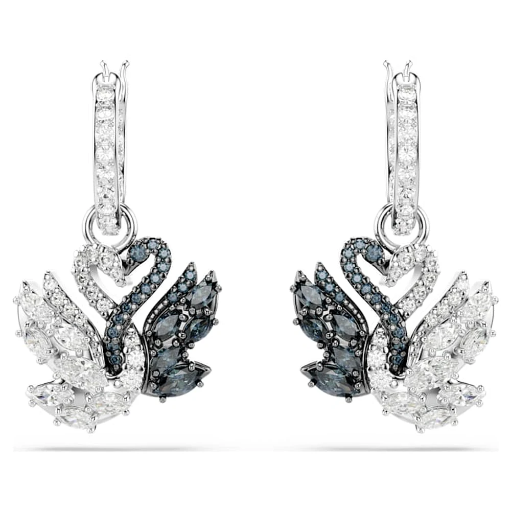 Swan drop earrings, Swan, Black, Rhodium plated by SWAROVSKI