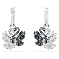 Swan drop earrings, Swan, Black, Rhodium plated by SWAROVSKI