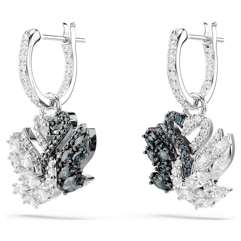 Swan drop earrings, Swan, Black, Rhodium plated by SWAROVSKI