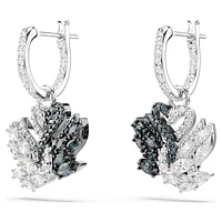 Swan drop earrings, Swan, Black, Rhodium plated by SWAROVSKI