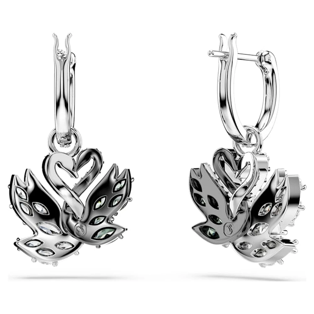 Swan drop earrings, Swan, Black, Rhodium plated by SWAROVSKI