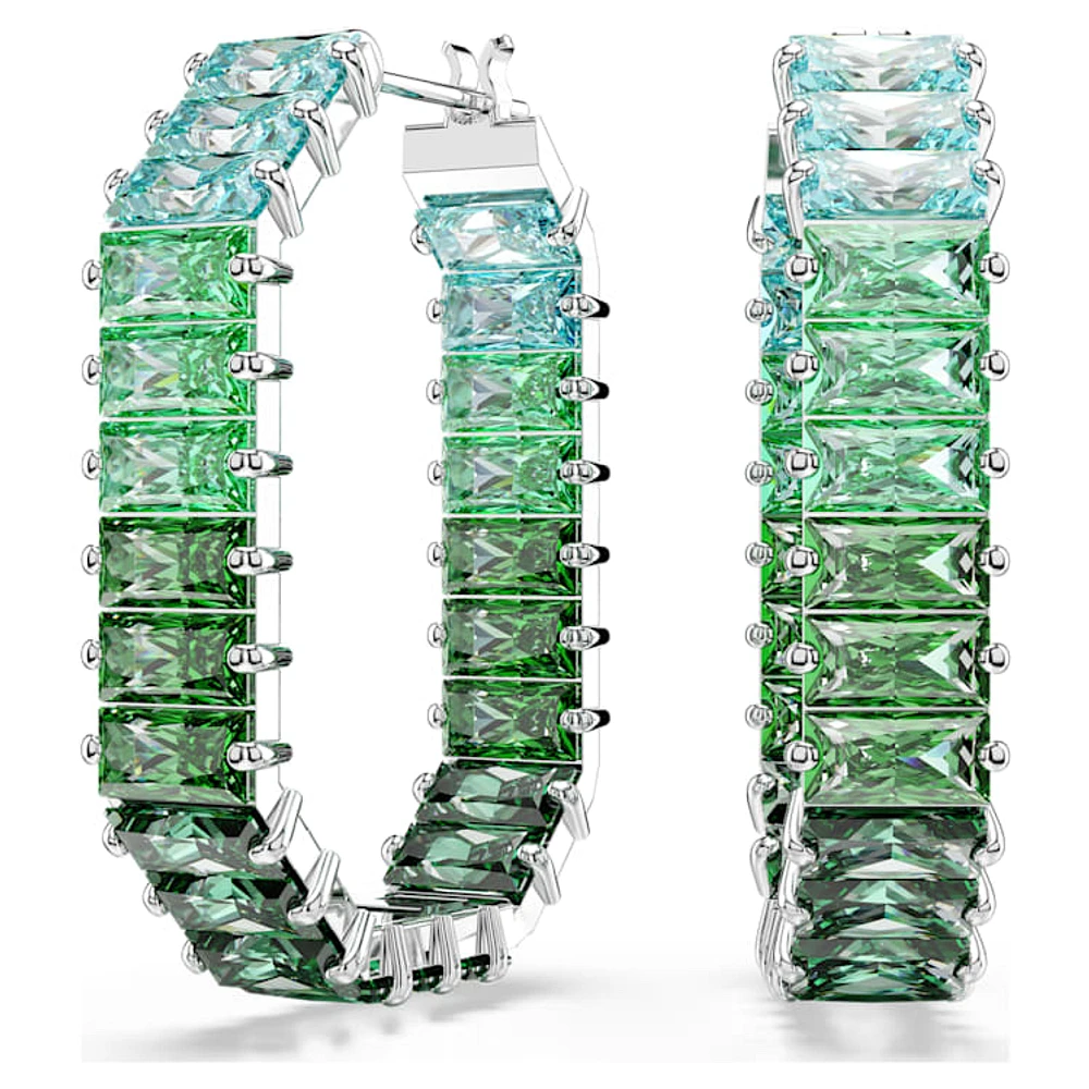 Matrix hoop earrings, Baguette cut, Green, Rhodium plated by SWAROVSKI