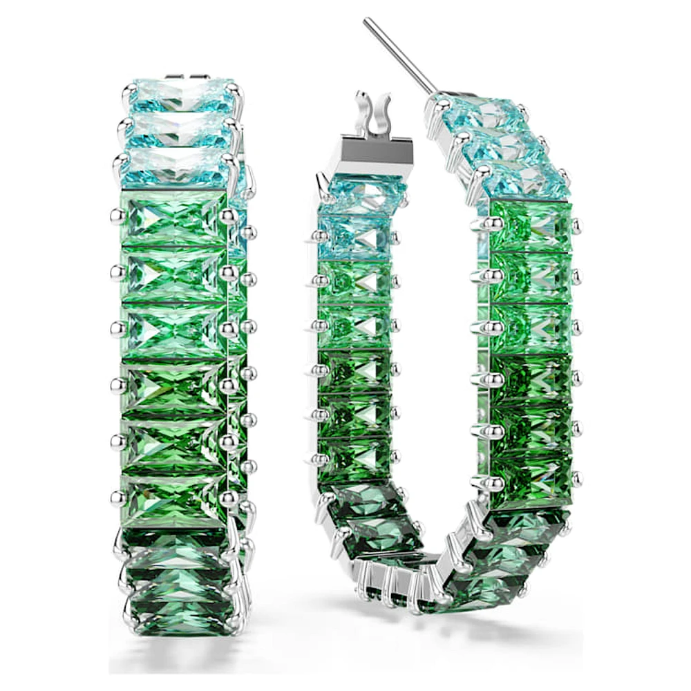 Matrix hoop earrings, Baguette cut, Green, Rhodium plated by SWAROVSKI