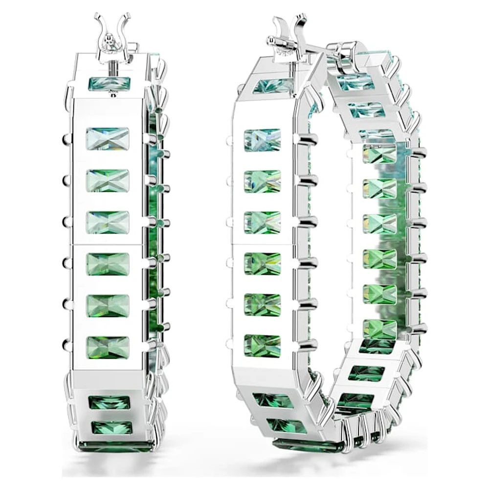 Matrix hoop earrings, Baguette cut, Green, Rhodium plated by SWAROVSKI