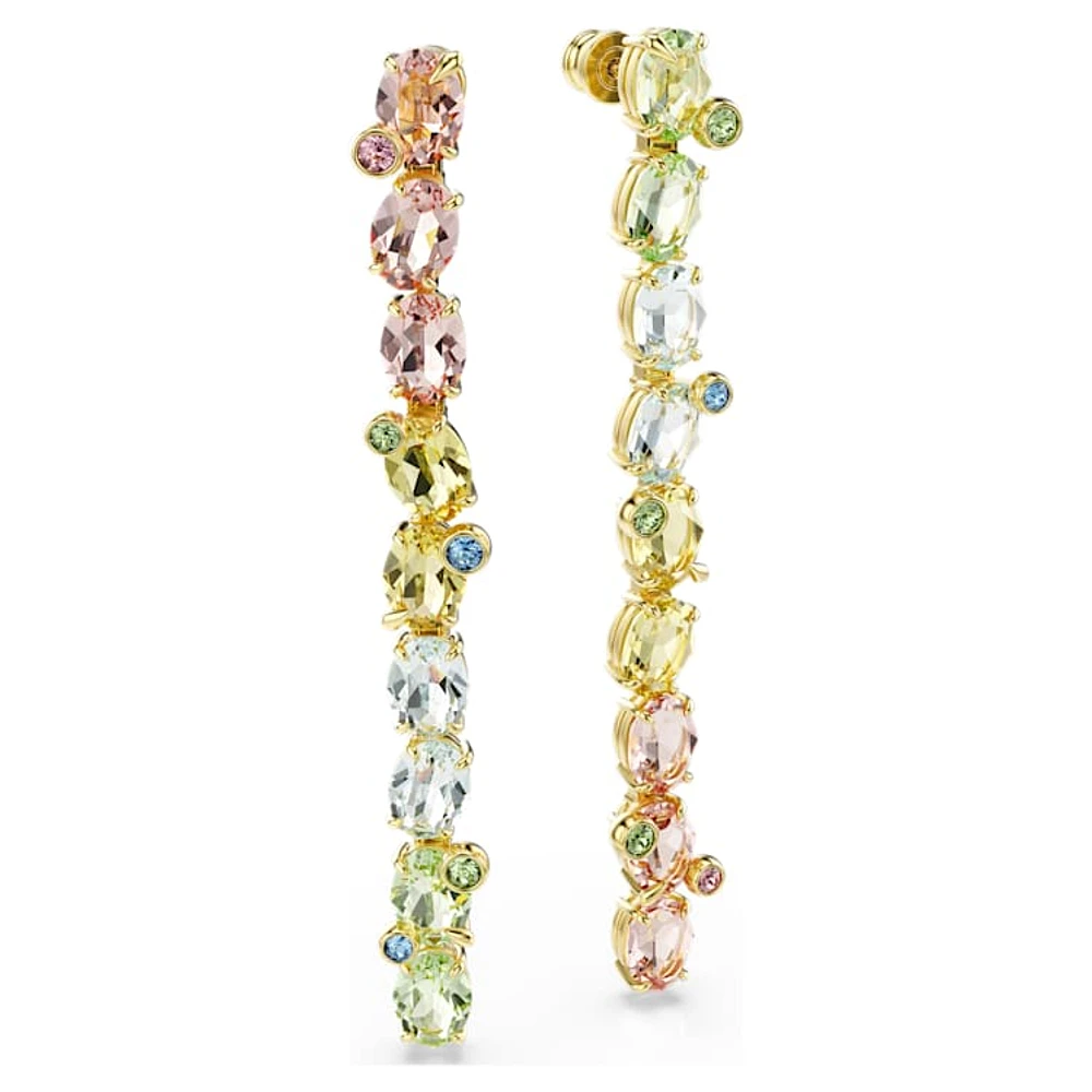 Gema drop earrings, Asymmetrical design, Mixed cuts, Long, Multicoloured, Gold-tone plated by SWAROVSKI