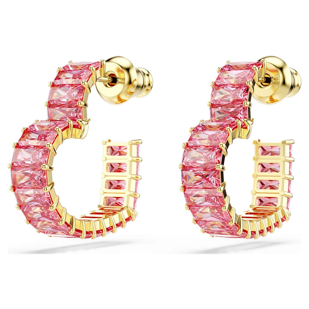 Matrix hoop earrings, Baguette cut, Heart, Small, Pink, Gold-tone plated by SWAROVSKI