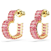 Matrix hoop earrings, Baguette cut, Heart, Small, Pink, Gold-tone plated by SWAROVSKI