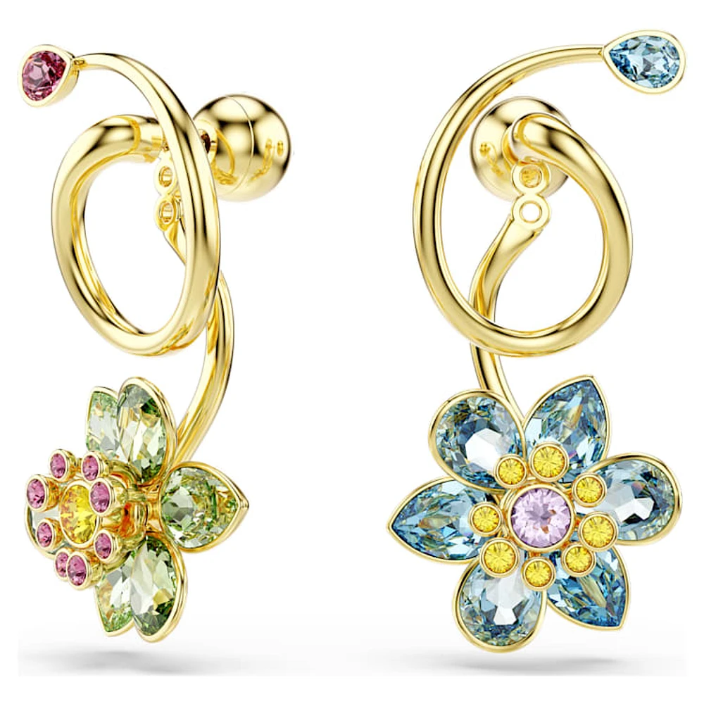 Idyllia drop earrings, Asymmetrical design, Mixed cuts, Flower, Multicoloured, Gold-tone plated by SWAROVSKI