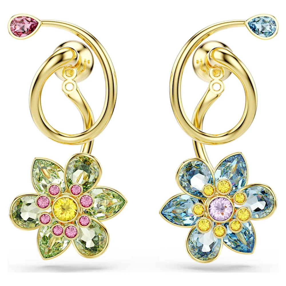 Idyllia drop earrings, Asymmetrical design, Mixed cuts, Flower, Multicoloured, Gold-tone plated by SWAROVSKI