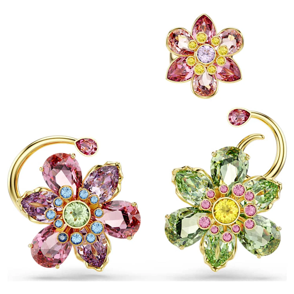 Idyllia ear cuff, Set (3), Asymmetrical design, Mixed cuts, Flower, Multicoloured, Gold-tone plated by SWAROVSKI