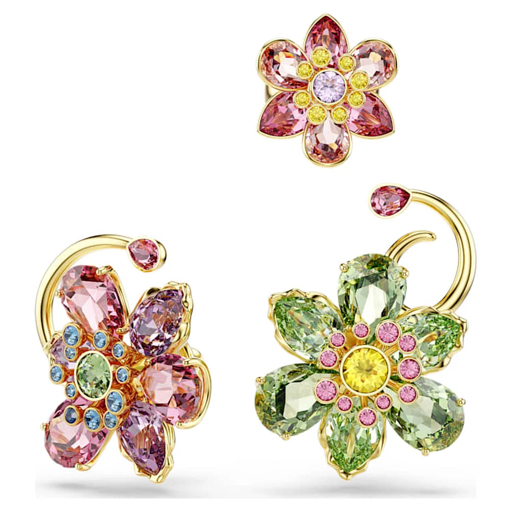 Idyllia ear cuff, Set (3), Asymmetrical design, Mixed cuts, Flower, Multicoloured, Gold-tone plated by SWAROVSKI