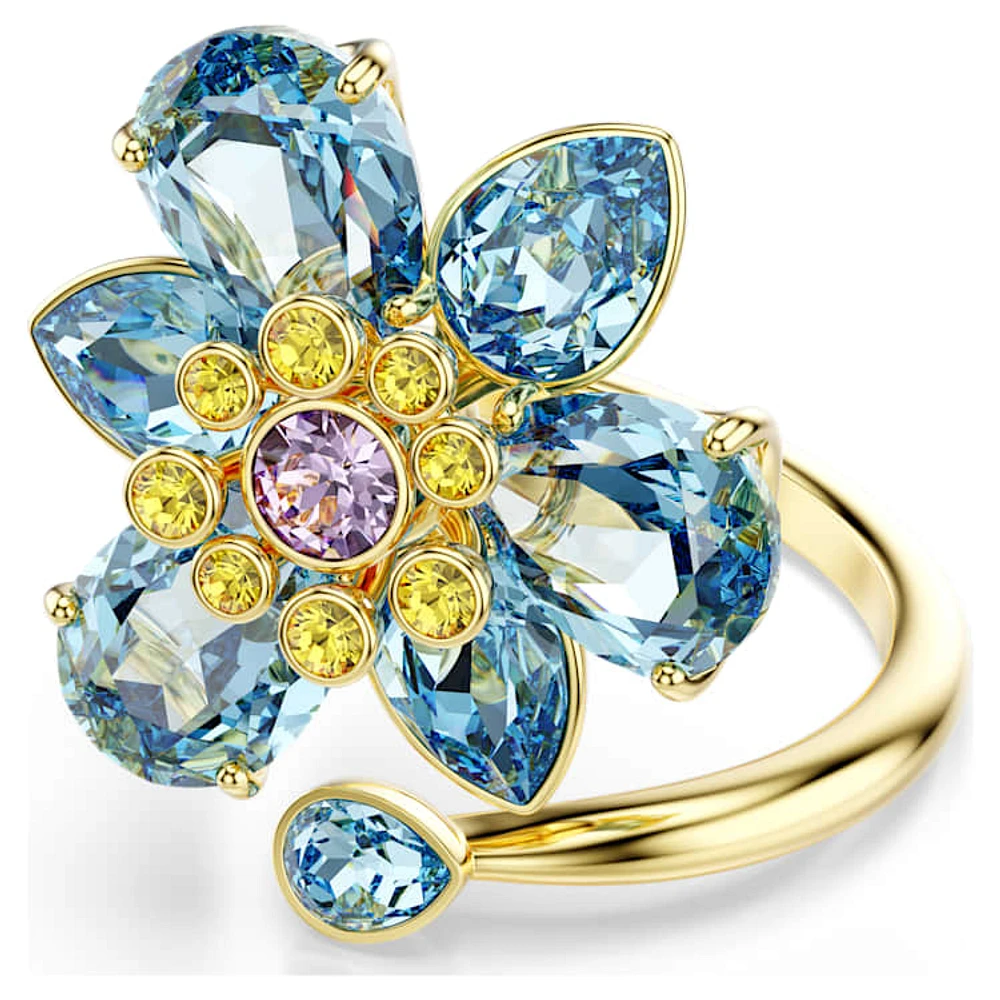 Idyllia open ring, Mixed cuts, Flower, Blue, Gold-tone plated by SWAROVSKI