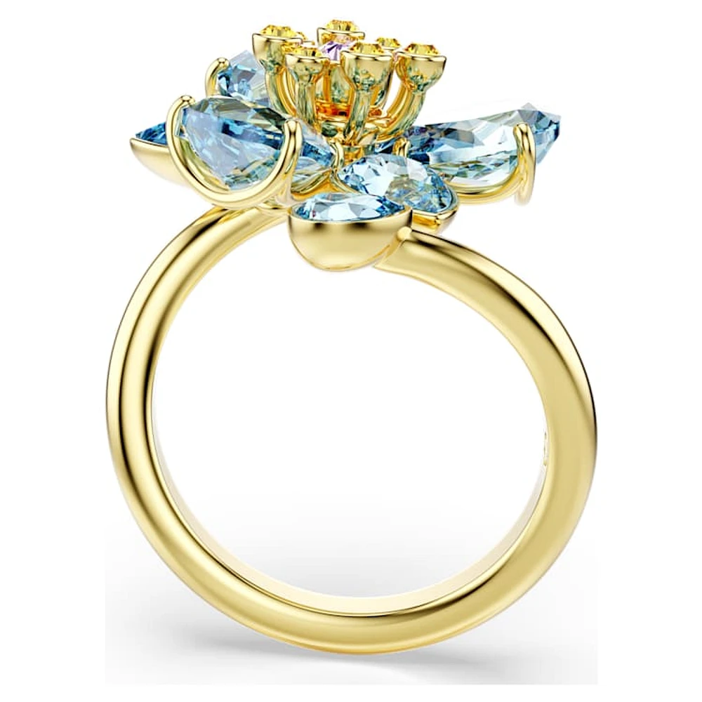 Idyllia open ring, Mixed cuts, Flower, Blue, Gold-tone plated by SWAROVSKI