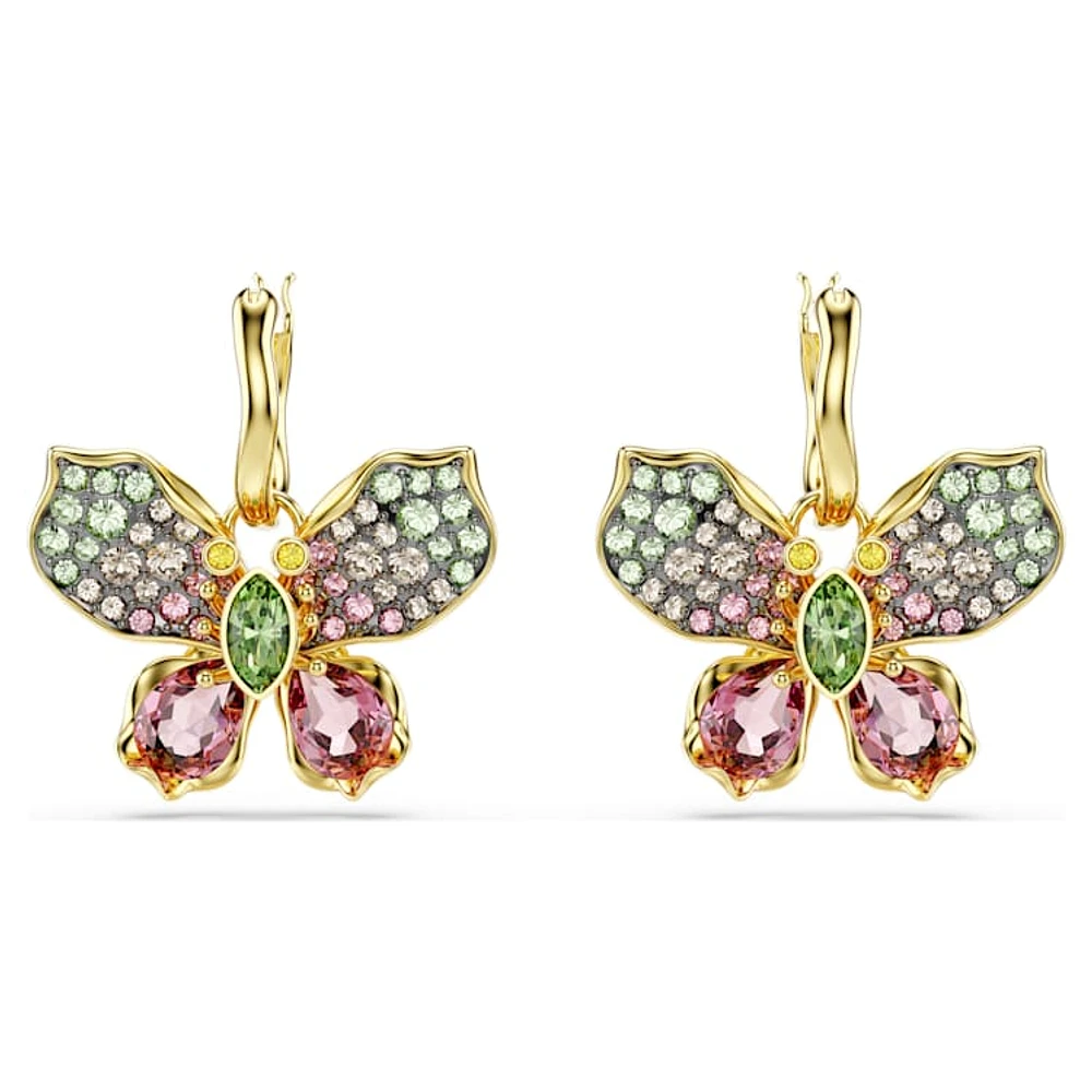 Idyllia drop earrings, Mixed cuts, Pavé, Butterfly, Multicoloured, Gold-tone plated by SWAROVSKI