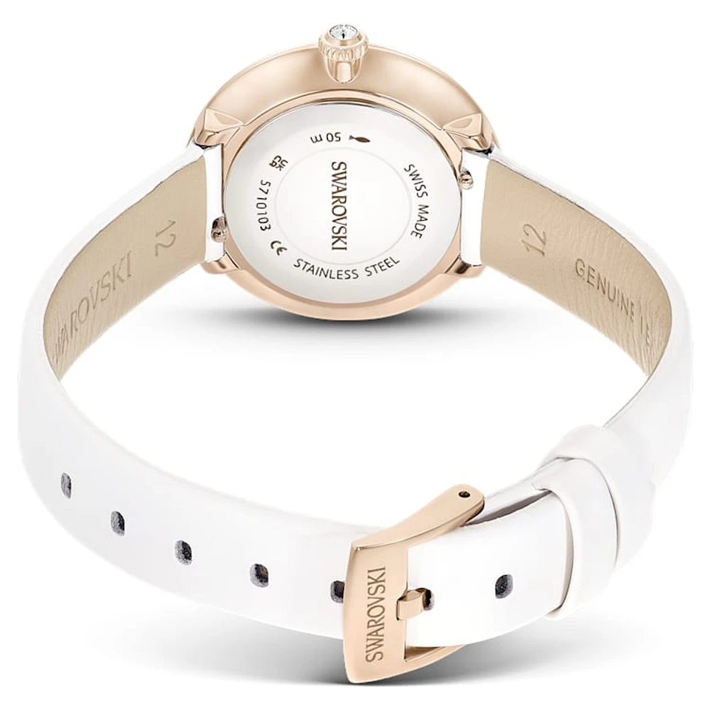 Matrix Tennis watch, Swiss Made, Leather strap, White, Champagne gold-tone finish by SWAROVSKI