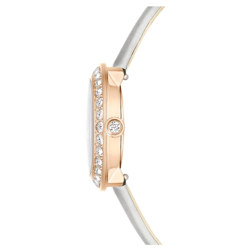 Matrix Tennis watch, Swiss Made, Leather strap, Grey, Rose gold-tone finish by SWAROVSKI