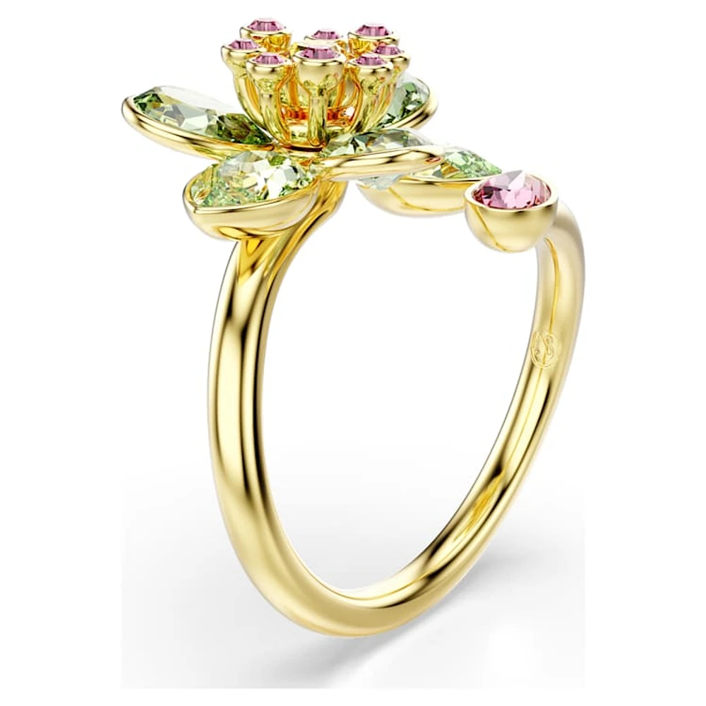 Idyllia open ring, Mixed cuts, Flower, Green, Gold-tone plated by SWAROVSKI