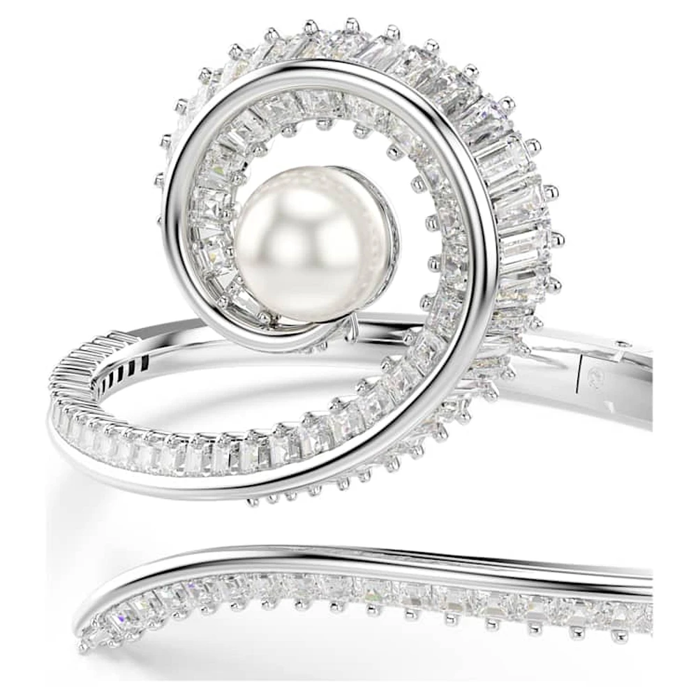 Ariana Grande x SWAROVSKI bangle, Crystal pearl, Baguette cut, White, Rhodium plated by